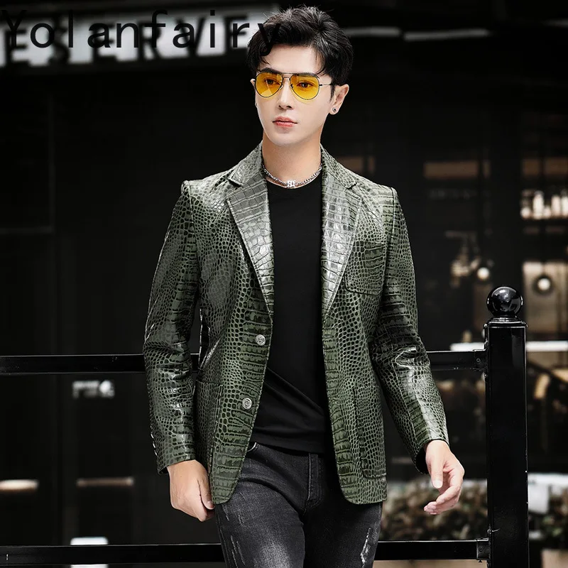 YOLANFAIRY Real Sheepskin Genuine Leather Jacket Man Clothes Fashion Crocodile Pattern Leather Coats Men's Suit Jackets 가죽자켓