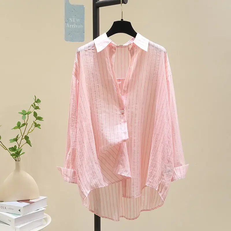 

Summer Women Fashion Striped Print Sunscreen Shirt Lapel Long Sleeve Tunic Blouse Casual Streetwear Oversized Irregular Tops