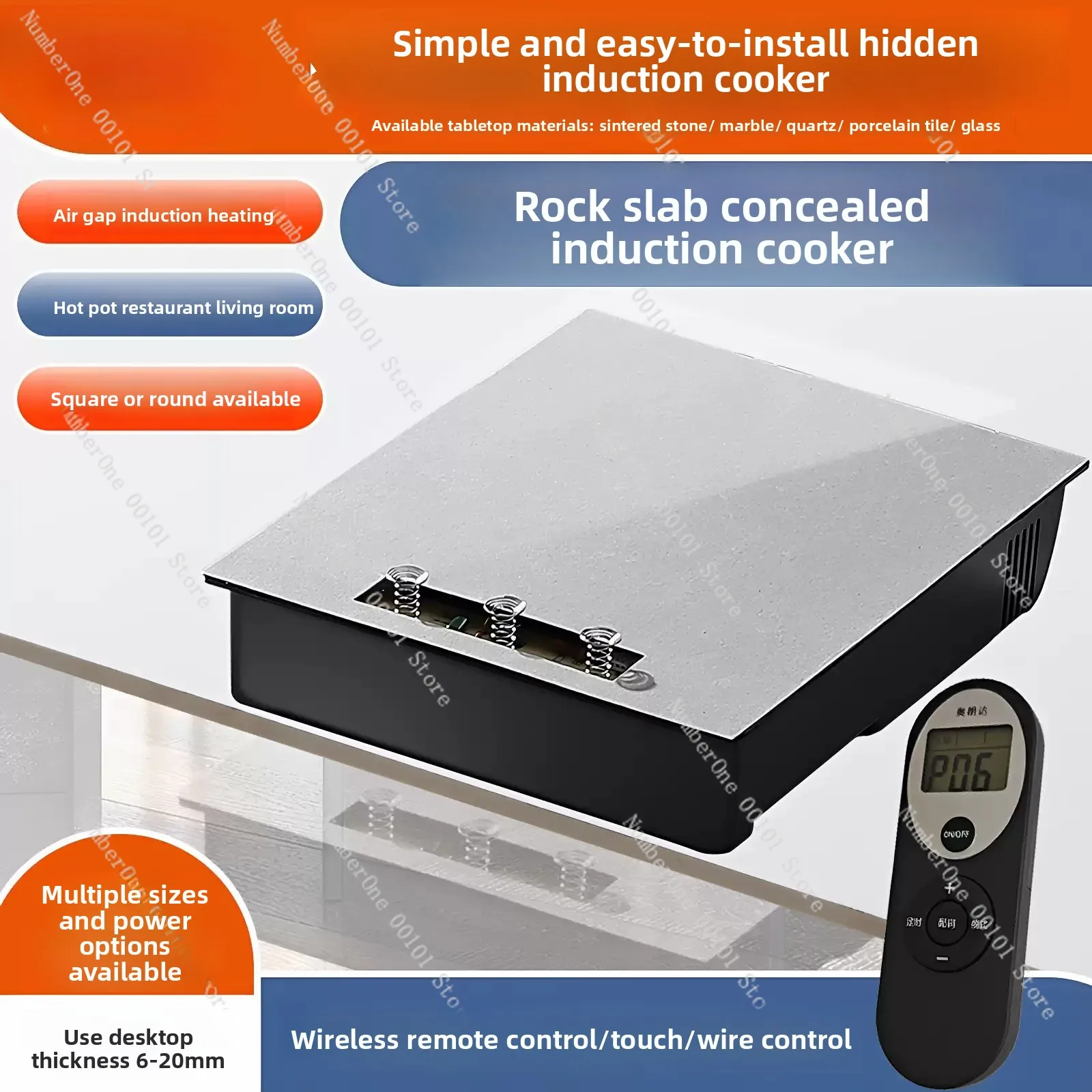 Rock slab hidden induction cooker high power square island invisible embedded concealed touch