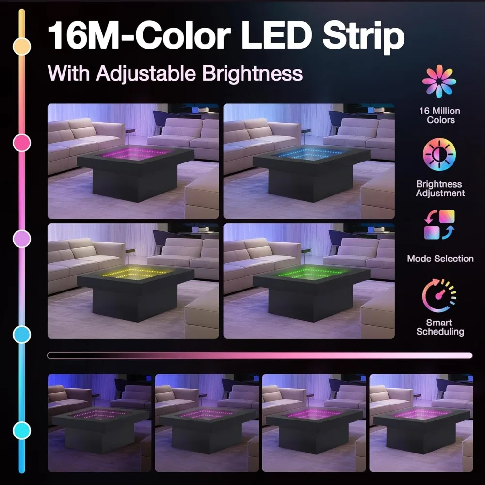 طاولات القهوة الحديثة باللون الأسود من FKWin - طاولة قهوة مربعة بمرآة عمق لا نهاية له مع أضواء LED، طاولة سوداء لغرفة المعيشة، مزاج #5