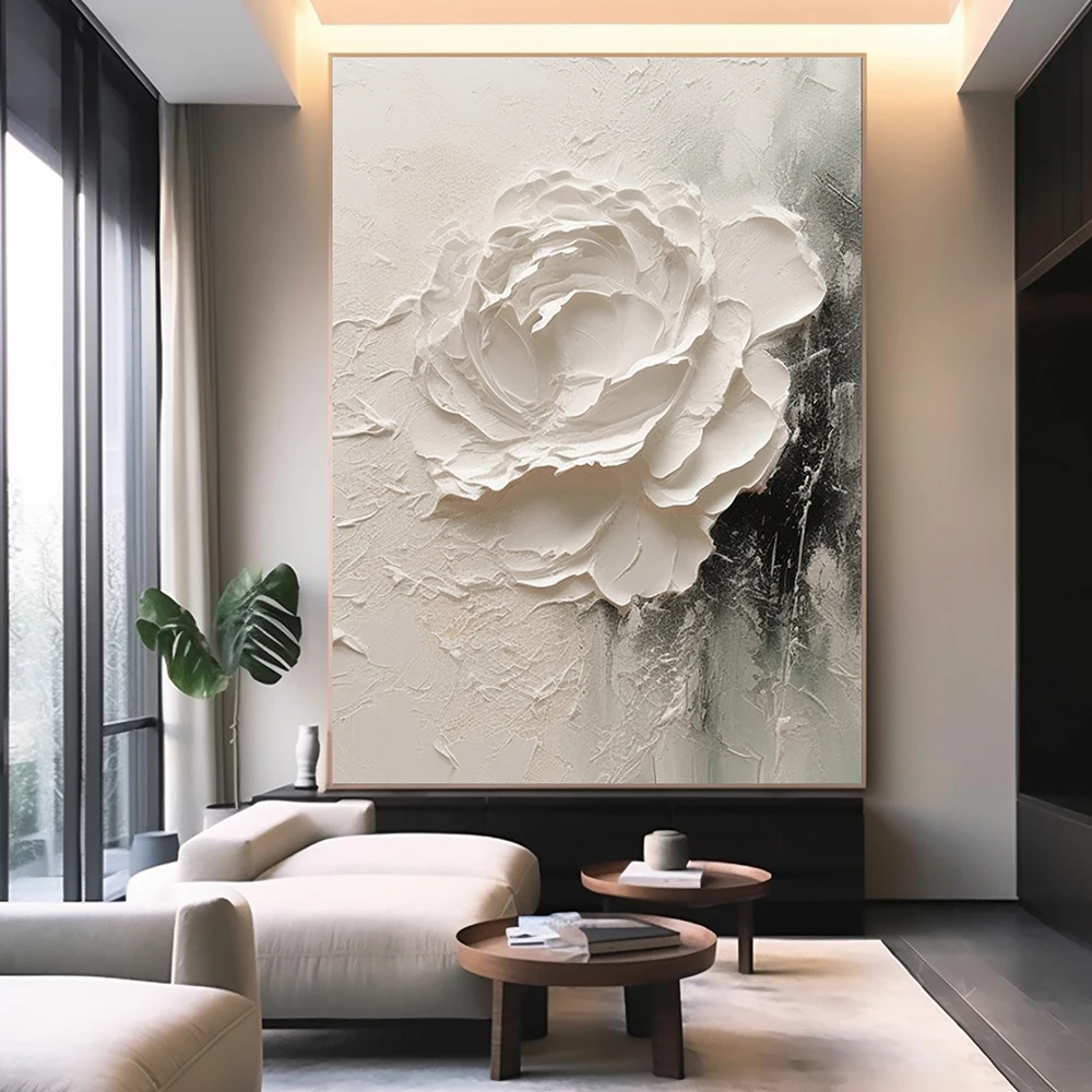 3D Textured Effect Painting, Large Abstract White Flower Poster, Minimalist Wall Art Canvas Print, Living Room Home Decor Cuadro