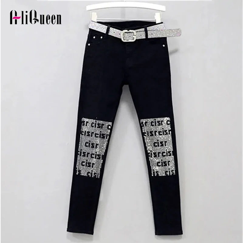 

Vintage Black Patchwork Lettlers Diamonds Denim Pants Slim Pencil Blue Jeans for Women Streetwear Ankle-length Trousers 3XL