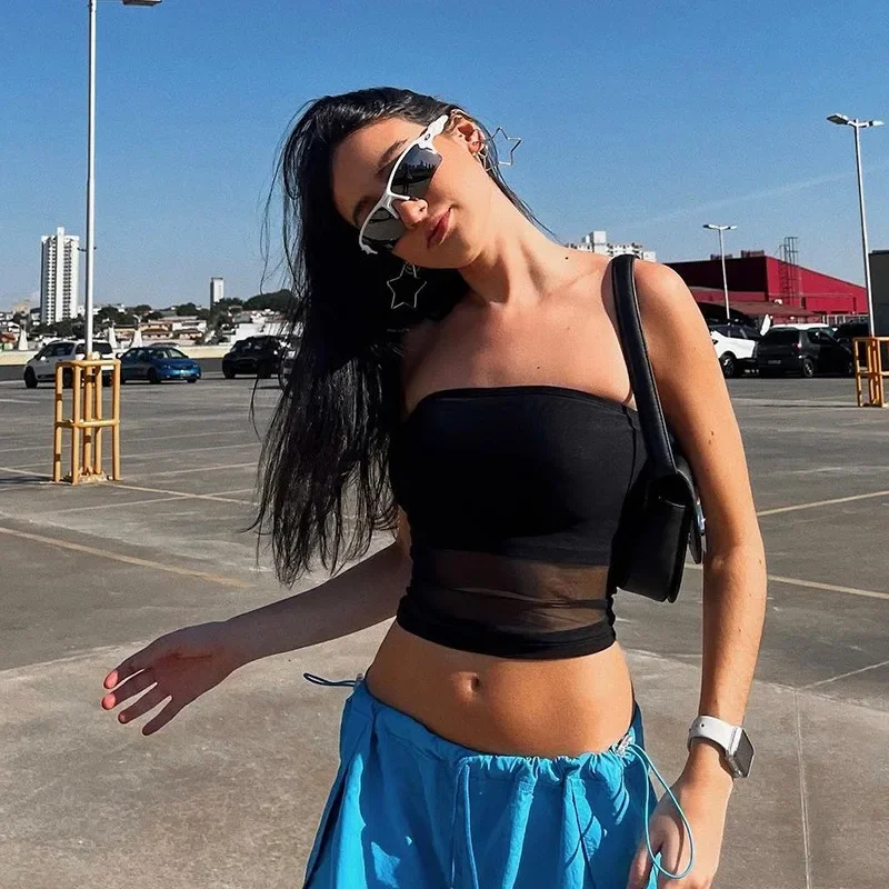 

Mesh Corset Black Crop Top Women Patchwork Tube Top Sexy Sleeveless Off Shoulder Cami Summer Streetwear Slim Strapless Tank Tops