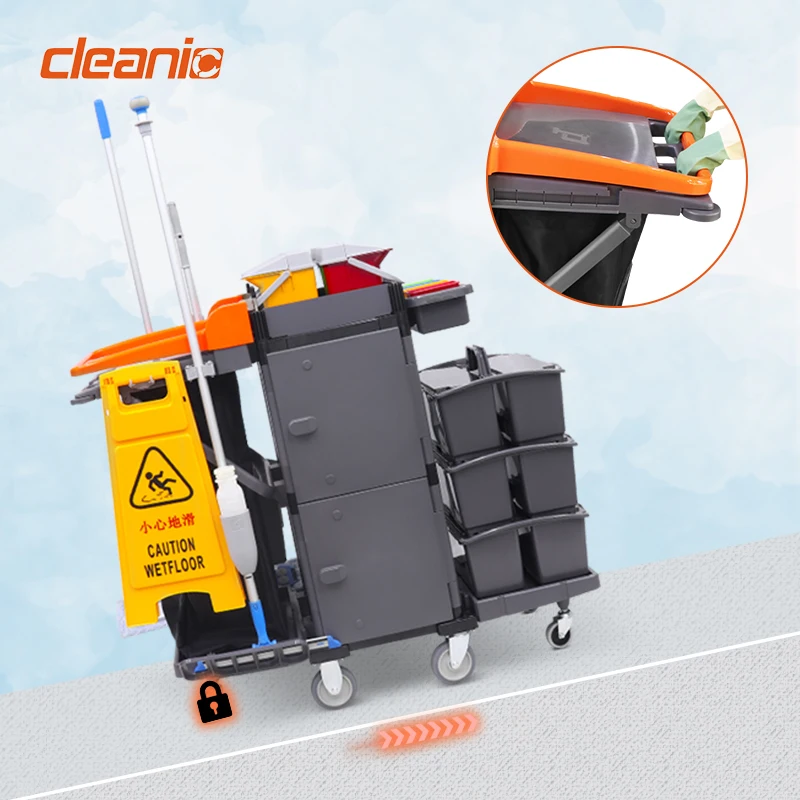 High quality dark grey multi purpose plastic hotel cleaning trolley with nylon refuse bag