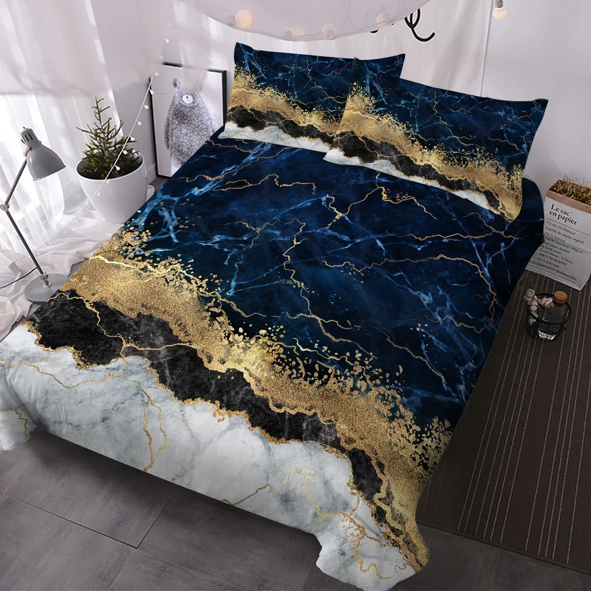 Luxurious Blue and Gold Marble Design Bedding Set with Elegant 3 Pieces Duvet Cover and Matching 2 Pillow Shams for Family Bed D