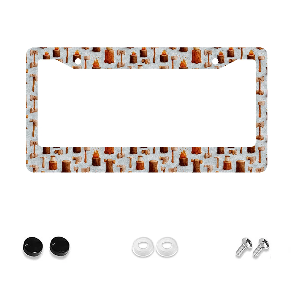 

1pc Retro Brown Axe and Fire Pattern 2-Hole License Plate Frame, Aluminum Material, 6x12 Inches with Screw Kit, Unique Car Deco
