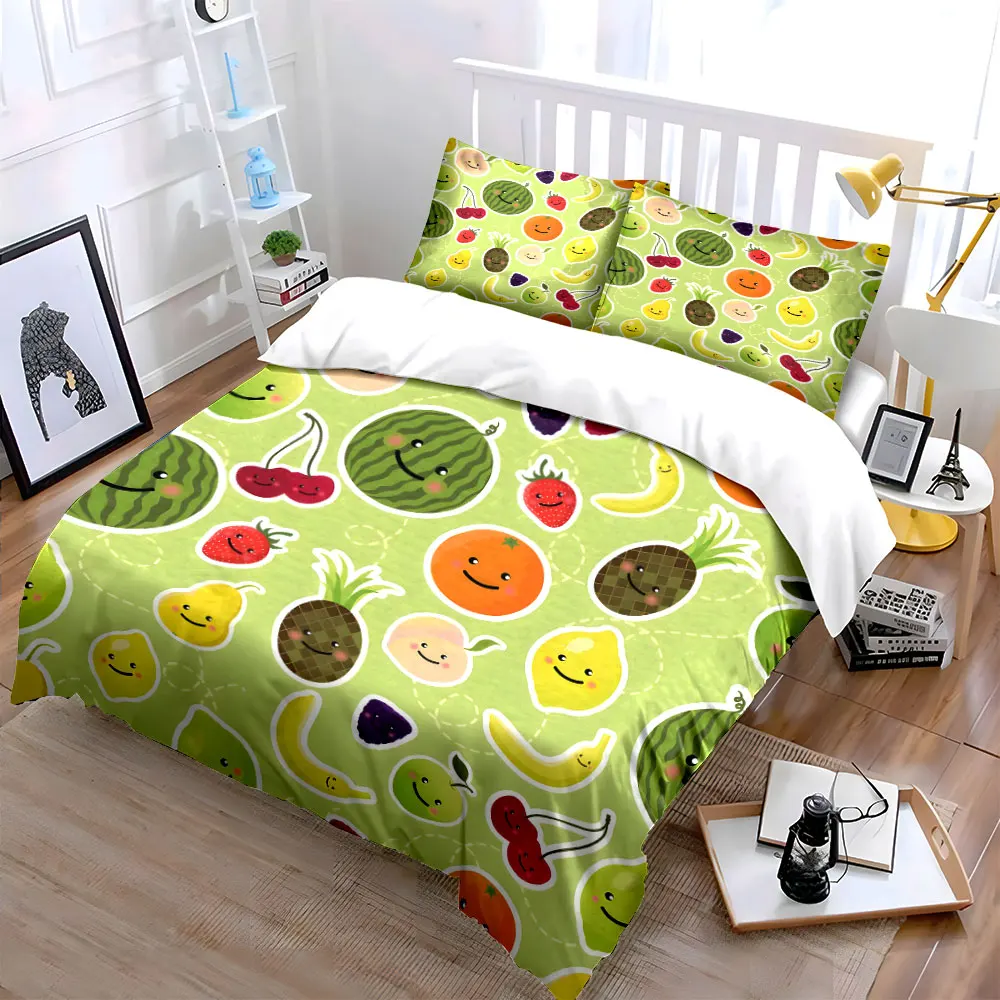 Smiling fruit cartoon illustration Bedding Set for Kids Luxury Gift 3pcs Digital Print Comforter Set Soft Comfortable Breathable