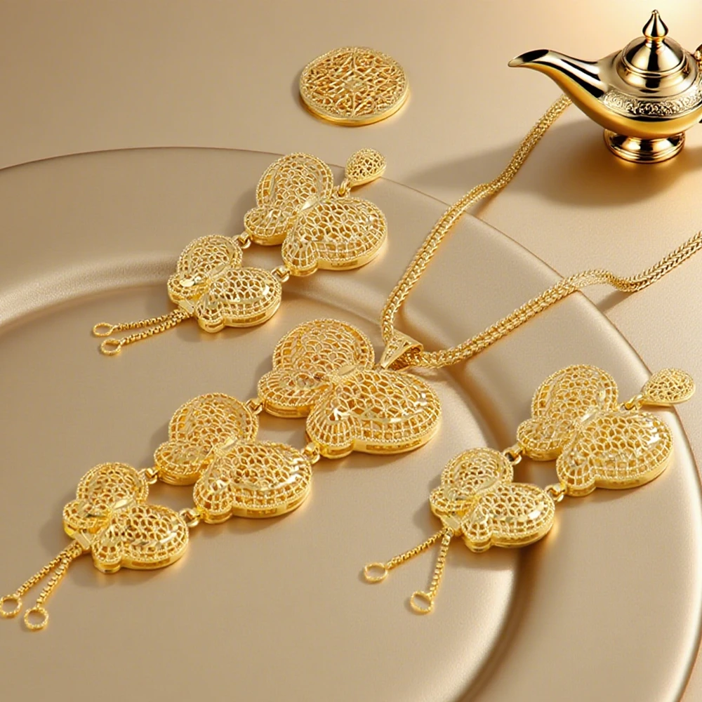 

Dubai Gold Color Jewelry Set For Woman Bridal Nigerian Butterfly Shape Stainless Steel Necklace Earrings Jewellery Set Party Gif