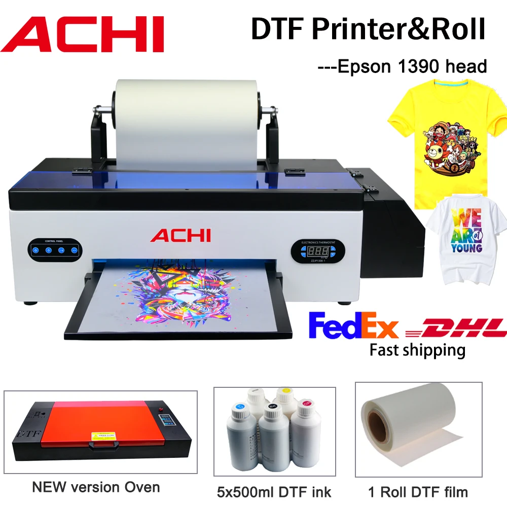 ACHI A3 DTF Printer High Printing Accuracy R1390/L1800 DTF Printer with Oven T-Shirt Heat Transfer for Fabric Clothes Printing