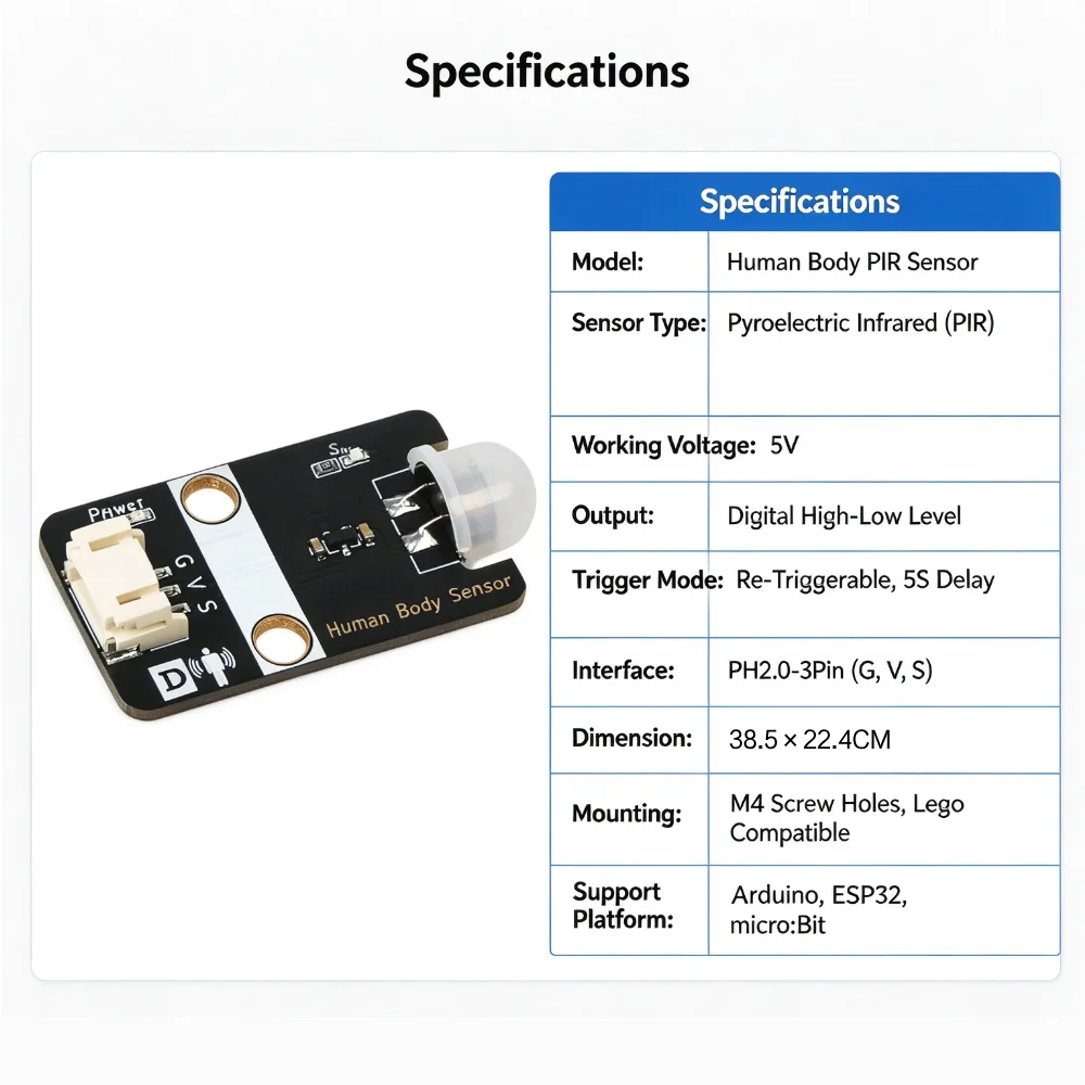 PIR Human Body Motion Sensor Module Pyroelectric Infrared Detector 5V PH2.0‑3Pin Digital Output For Arduino ESP32 micro:Bit