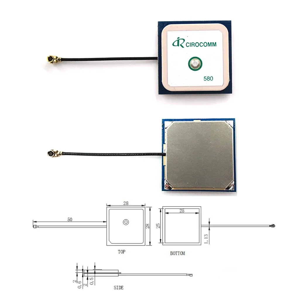 Beitian BT-580 Cirocomm GPS Active Internal Antenna 32db High Gain Ceramic Antenna IPEX Connector 25x25x2mm 1.13 Cable 5cm Long