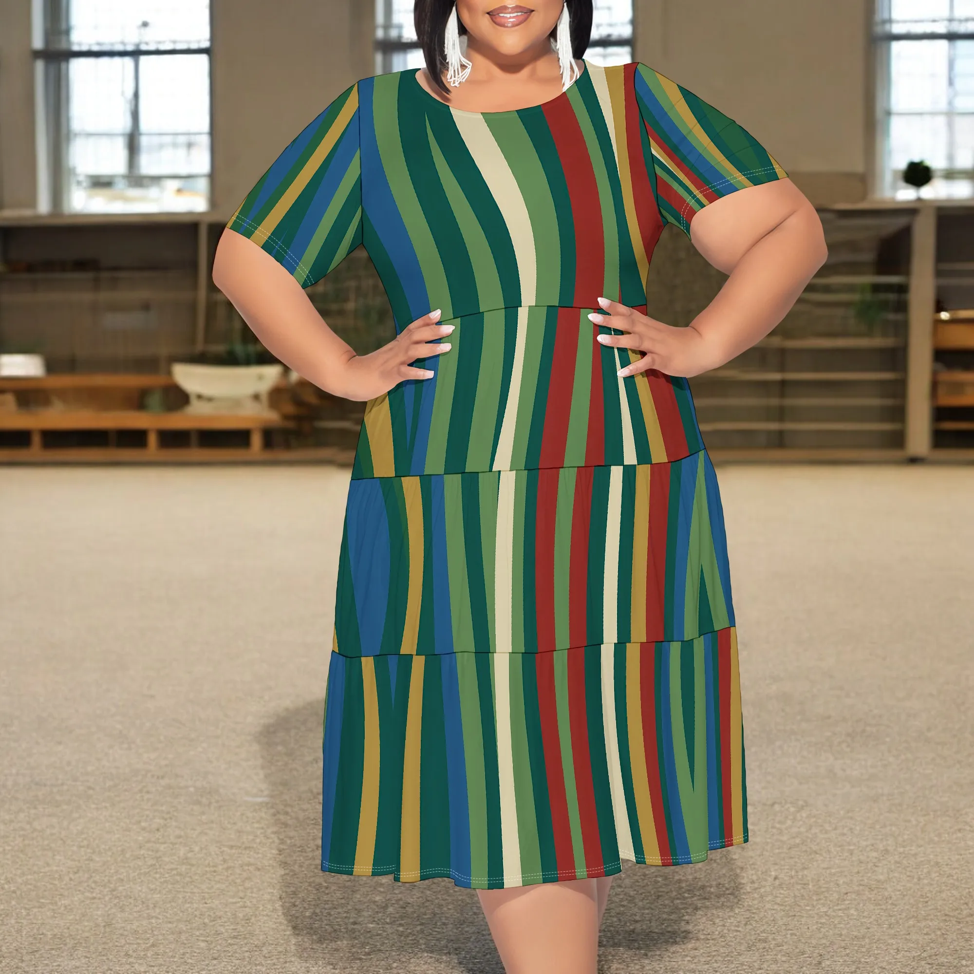 

Plus Size Striped Midi Dress XL-6XL Short Sleeve Loose Fit Colorful A Line Summer Beach Vacation Casual Party Outfit