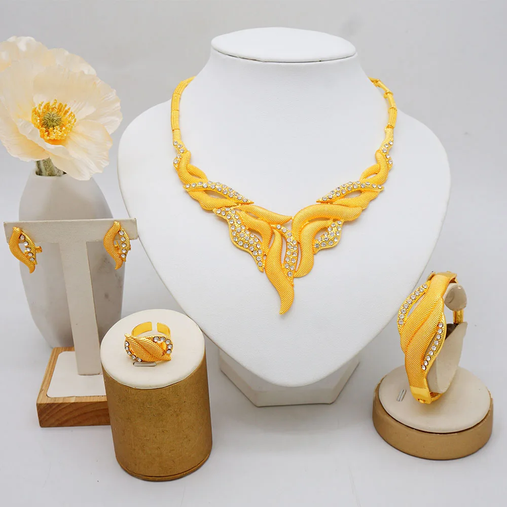 

Dubai Gold Color Jewelry Set Wedding African Bridal Sets Nigerian Necklace Bracelet Earring Ring Jewellery