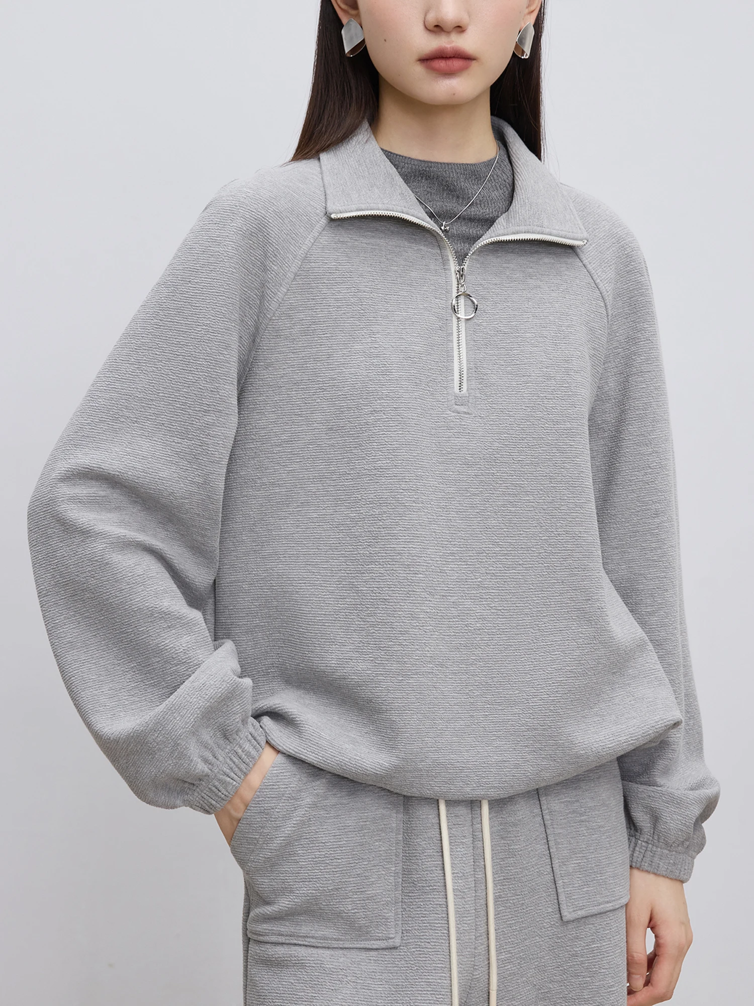 ZIQIAO Damen-Sweatshirt-Sets, dick, grau, mit Reißverschlussleiste, Sweatshirts, Sport-Stil, langer Hosenrock, 24ZQ94183 + 24ZQ94358 + 24ZQ94184