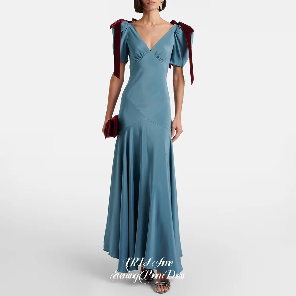 

IRIS Elegant Deep V Puff Short Sleeve Contrast Maxi Dress Customized Formal Evening Prom Dresses for Women 2026