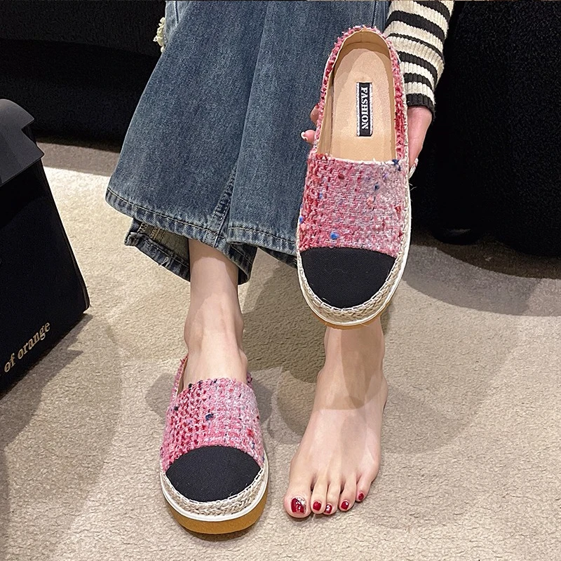 Luxury Pink Tweed Mule Loafers Woman Elegant Round Toe Espadrille Sneakers Ladies Brand Design Thick Sole Slip-on Fishman Shoes