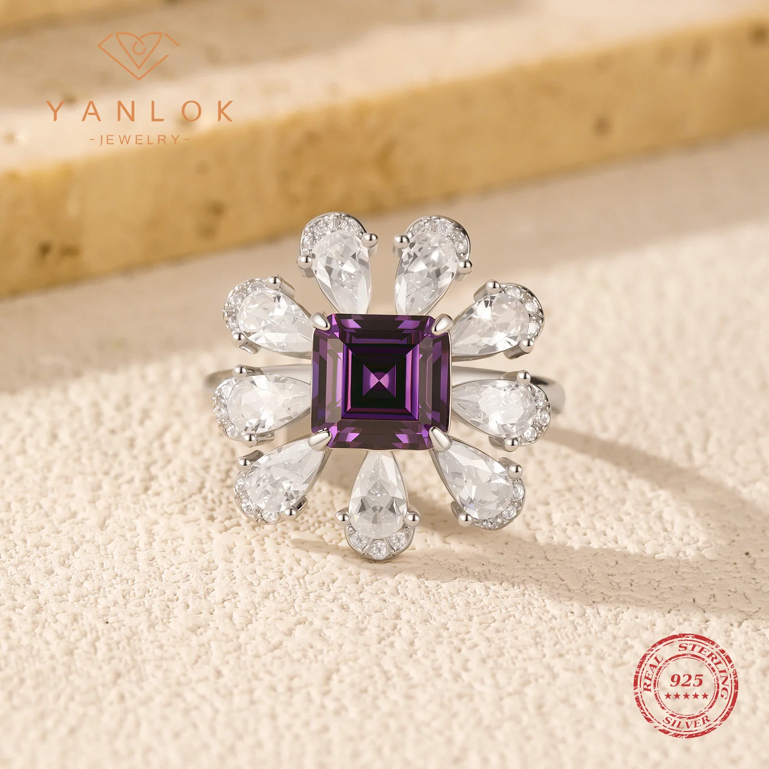 

YANLOK 925 Sterling Silver Luxury Violet Color Zircon Flower Finger Rings For Women Party Fine Jewelry Accessories