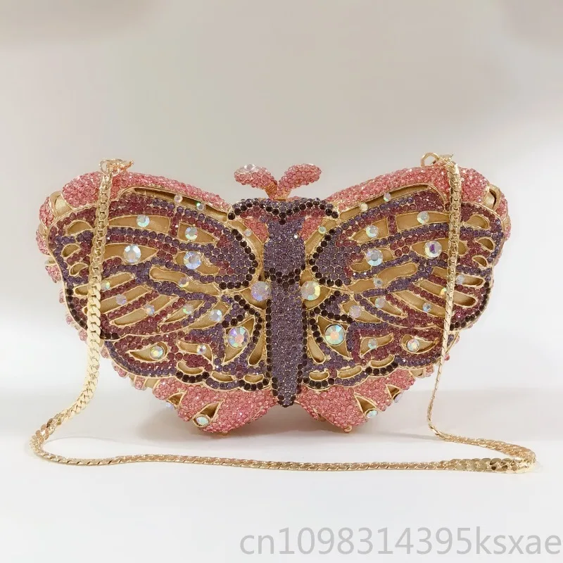 Evening Clutch Pink Butterfly Crystal Rhinestone Shoulder Bag Encrusted Hard Box Cutout for Women Party Wedding Prom Gala