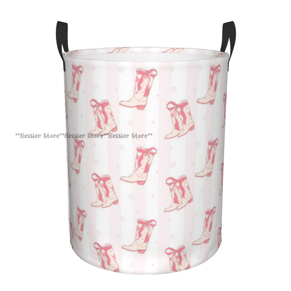 Laundry Basket Coquette Cowgirl Boots Western Girl Pattern Round Storage Bin Collapsible Hamper Clothes Bucket Organizer