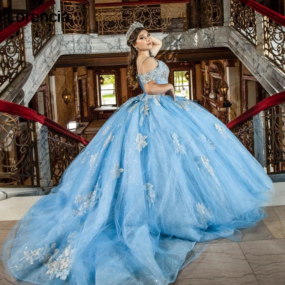 Customized Elegant Sky Blue Quinceanera Dress Ball Gown Lace Applique Beaded Mexico Corset Sweet 16 Vestidos De 15 Años YD29