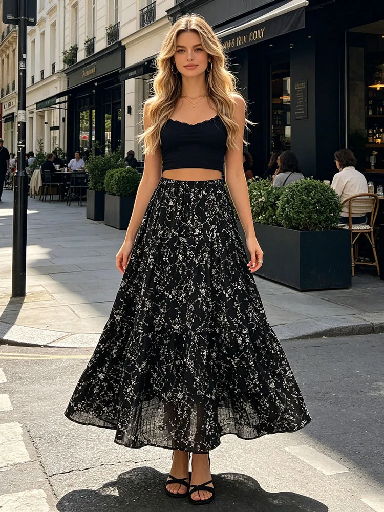 Women's Floral Print Maxi Skirt High Waist A-Line Long Skirt for Spring Summer Beach Vacation