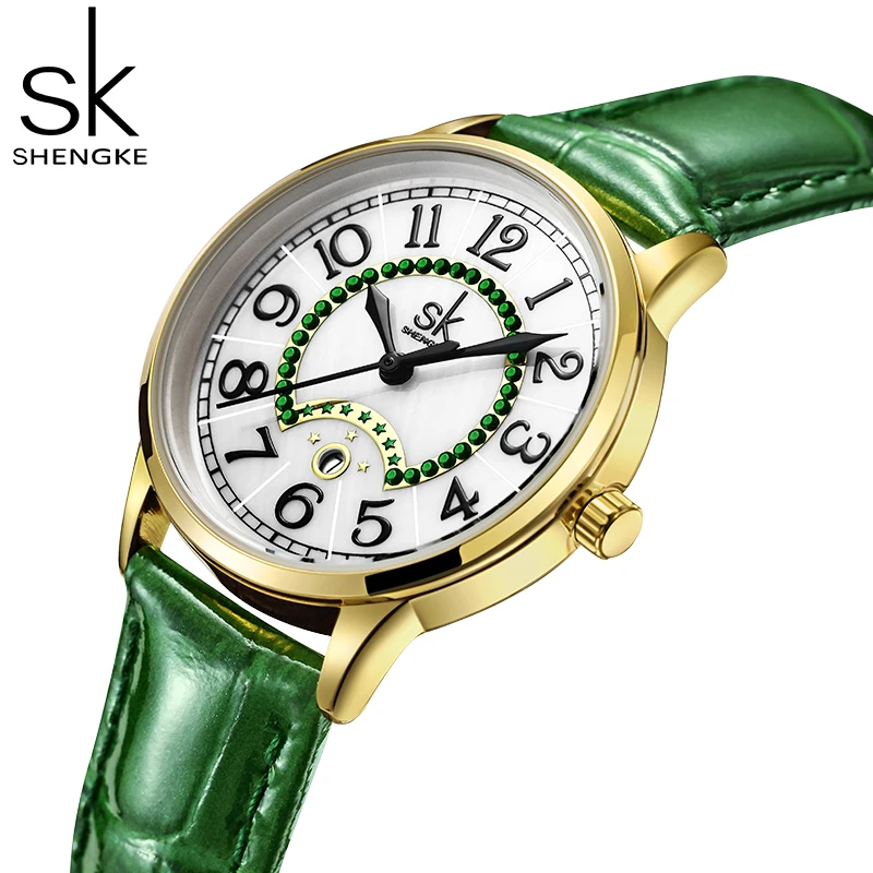 SHENGKE Fashion Green Leather Strap Calender Woman Watches Elegant Design Ladies Watch Original Women\'s Quartz Wristwatches SK