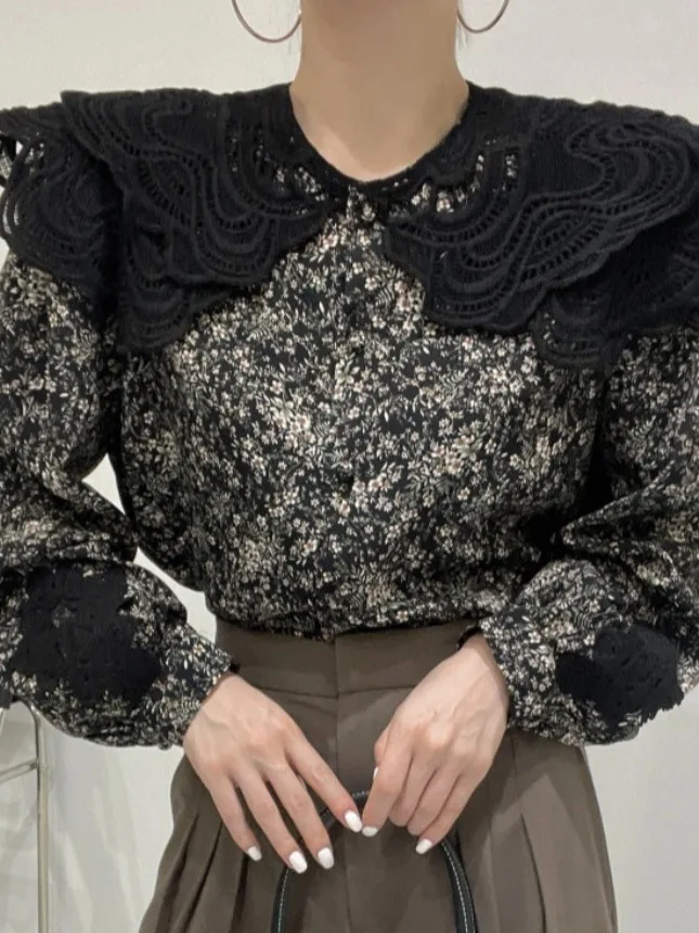 우아한 세련된 긴 소매 레이스 후크 꽃 느슨한 다목적 대형 칼라 셔츠 여성 패션 가을 겨울 복고풍 스타일