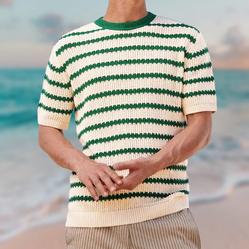 Summer Men's Knitwear Round Neck Short Sleeved Striped Color Blocking Sweater Beach Casual Men's Clothing