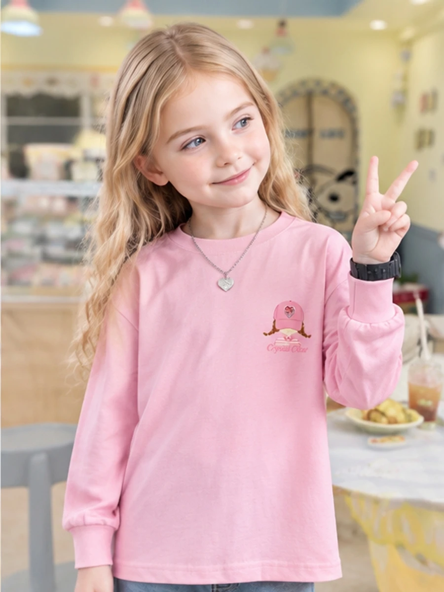 Little Girls 100% Cotton Long Sleeve Tee Sweet Cartoon Girl Chest Print Soft Breathable School Daily Wear Tshirt