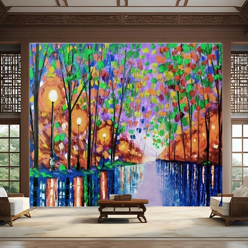 Modern Aesthetic Night Scene Forest Oil Painting Hand-Drawn In Color With A Romantic And Dreamy Atmosphere For A TV Background