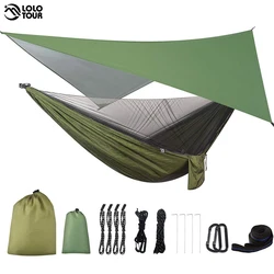 Rede de acampamento com lona de chuva e mosquiteiro tenda tiras de árvore portátil único duplo náilon pára-quedas rede para viagens