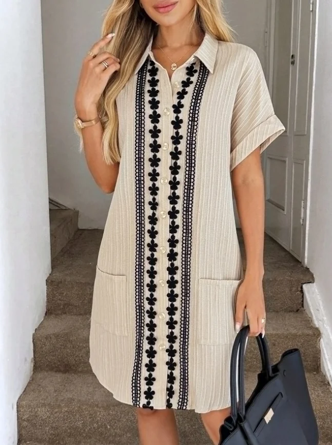 

Plus Size Women's Lapel Short Sleeve Pocket Ethnic Style Best-selling Summer Fashion Elegant Loose Short Button Dress