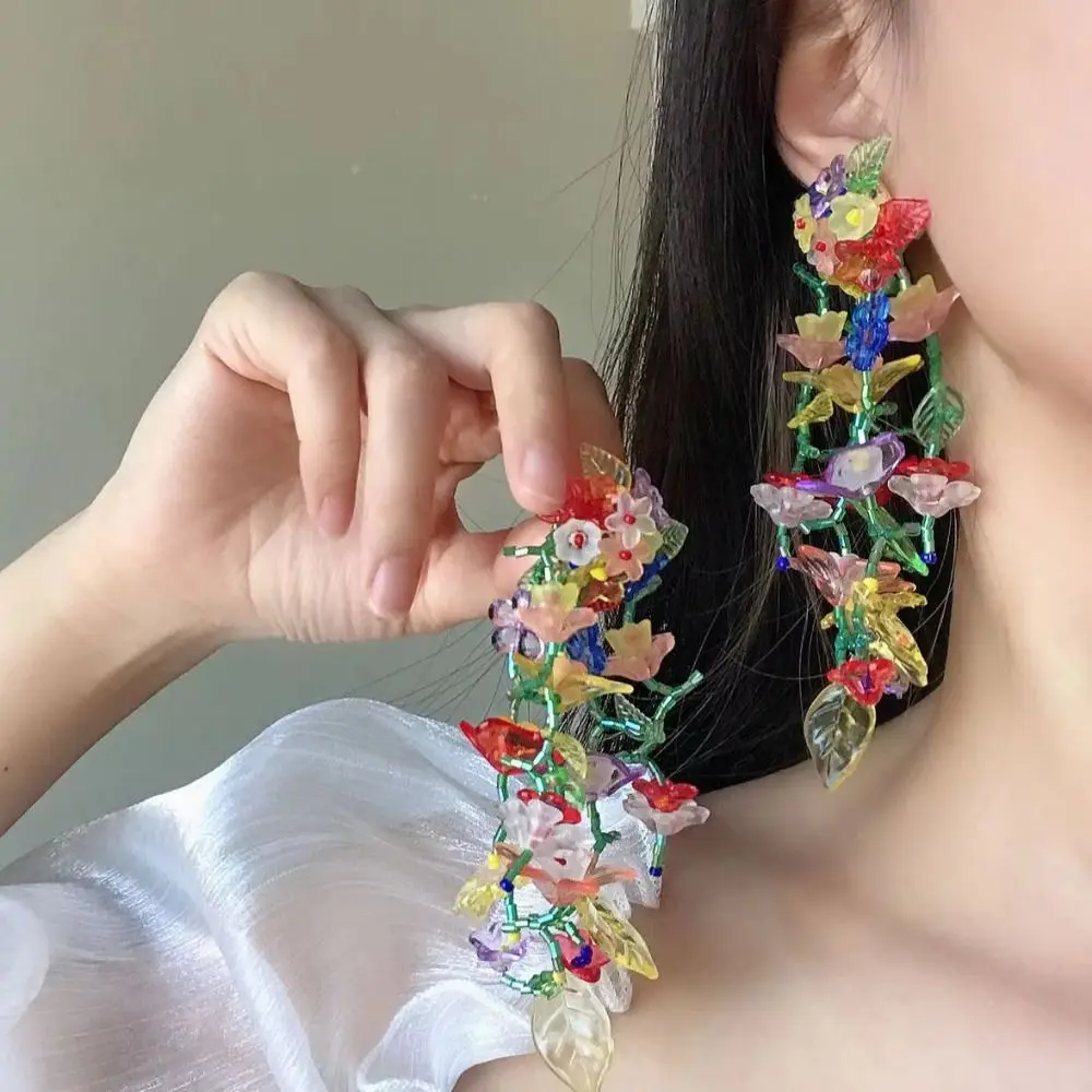 Handmade Colorful Flower Tassel Earrings Rural Style Jewelry Crystal Beaded Tassel Earrings Beaded Alloy