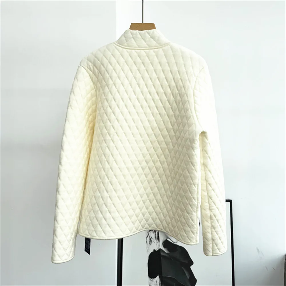 

Новинка осени/зимы 25, женский кардиган с воротником-стойкой на молнии, с длинными рукавами и ромбовидной клеткой, прямое шерстяное вязаное пальто