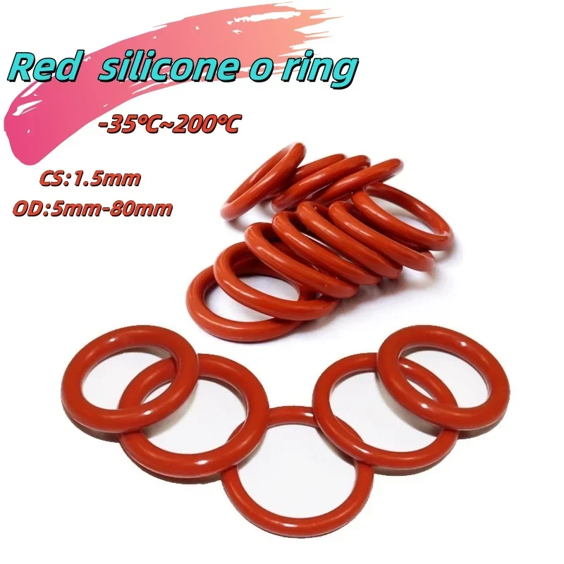 20–500 Stück O-Ring VMQ roter Silikon-O-Ring, ölbeständig, Hochtemperatur-O-Ring, Kaffeemaschine, Dichtungs-O-Ring, CS: 1,5 mm Außendurchmesser: 5–80 mm