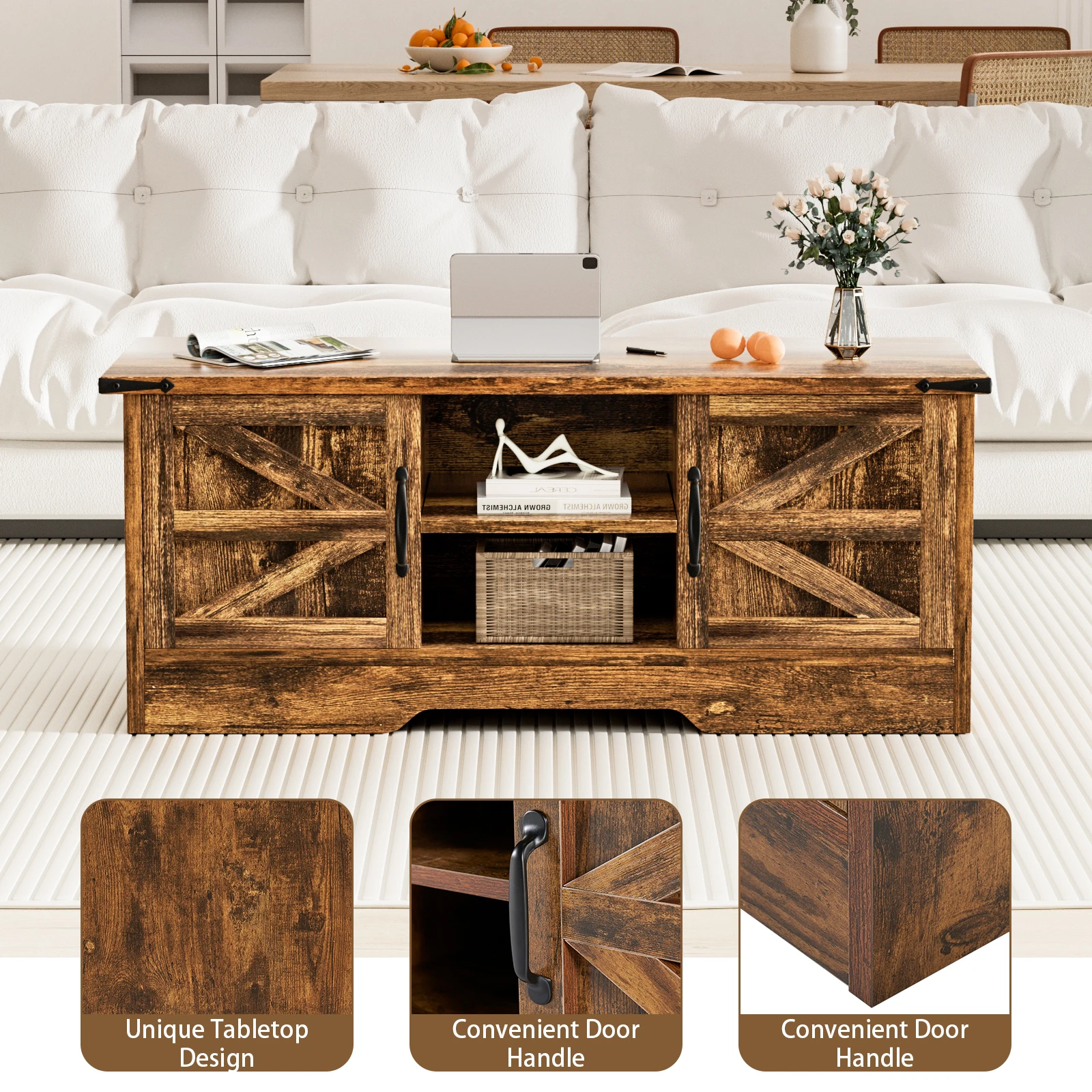 Coffee Table With Barn Doors, Farmhouse Center Table With Storage, Modern Rustic Style Wooden Living Room Table, Brown