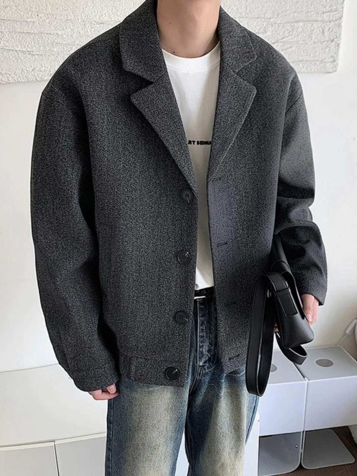 

Men's Woolen Coat Jaet Autumn Winter Sle Casual Briti Faion Thiened Long Sve ort Length Loose Fit Outerwear