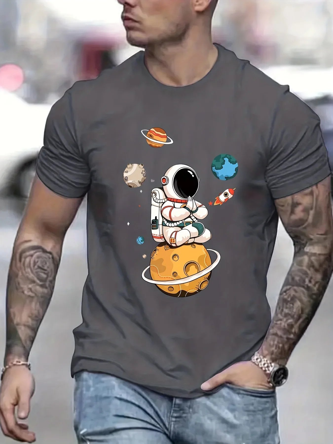 

Men's 100% cotton summer loose size Cartoon Astronaut Planet printed slim fit casual sports round neck short sleeved T-shirt top
