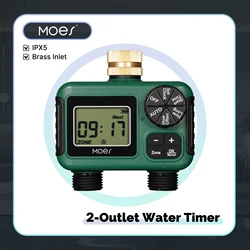 MOES 2-Outlet Water Timer Brass Inlet IPX5 Waterproof Rotary Knob LCD Display Rain Delay Child Lock Garden Irrigation