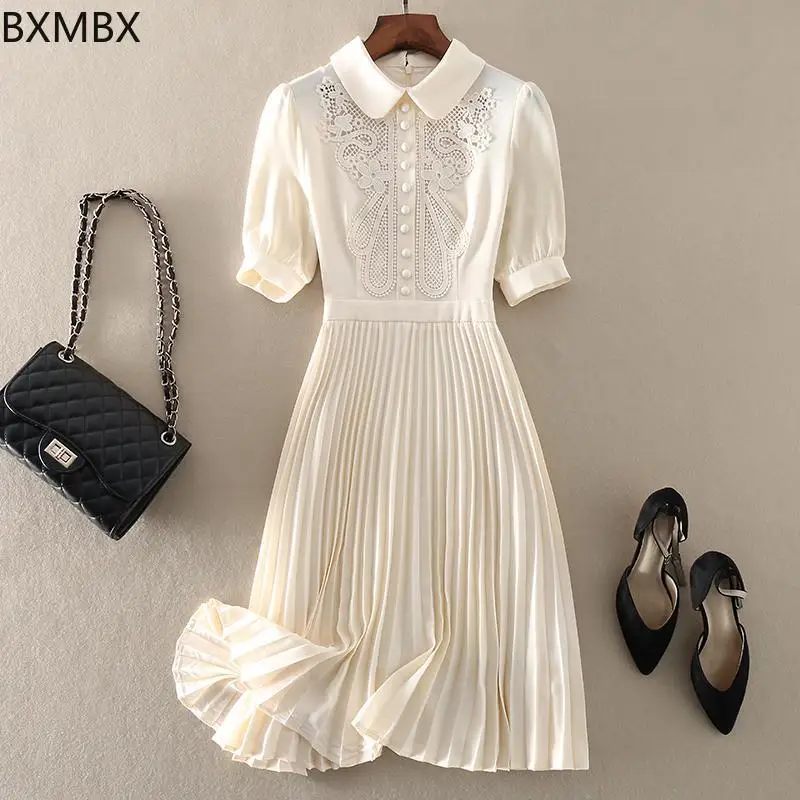 

High-end embroidered short-sleeved dress women's spring and summer 2024 new doll collar age-reducing pleated skirt