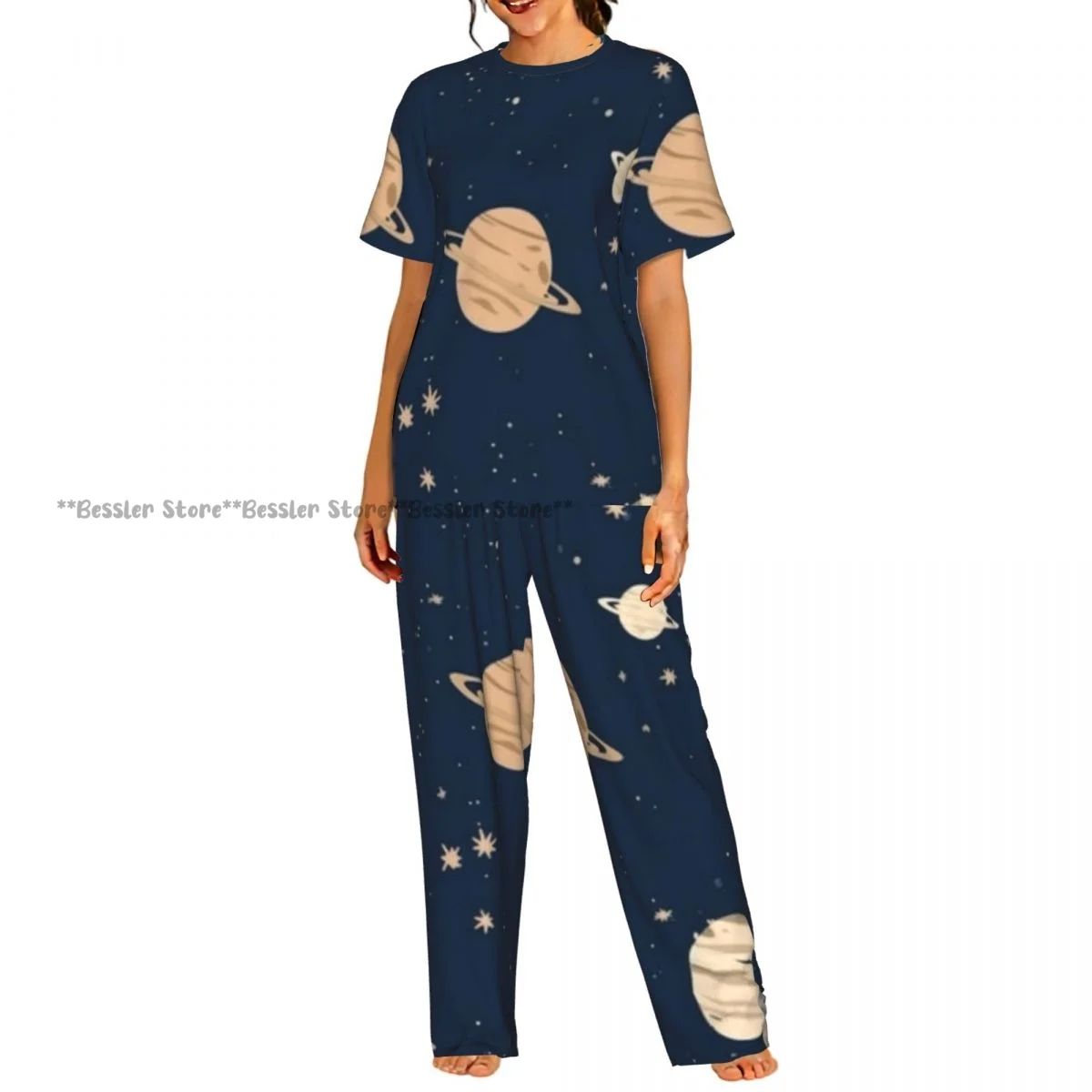 Conjunto de pijamas para mujer con ilustración de planetas y estrellas, ropa de dormir de manga corta, ropa de casa de 2 piezas
