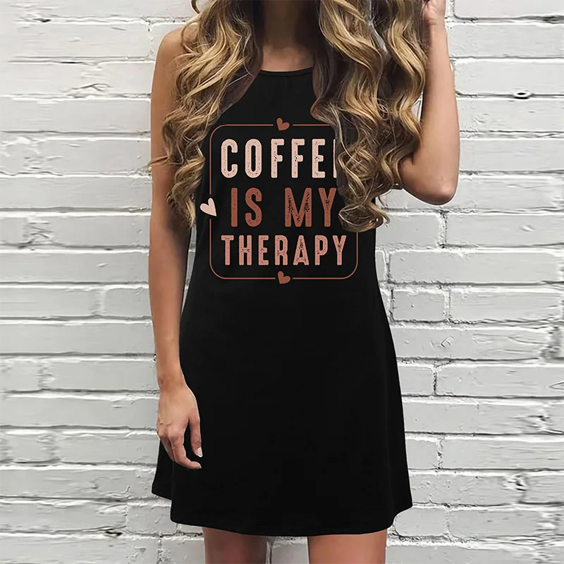 Vestido de camiseta estampada com letra de café feminino, manga curta, solto, pulôver longo, casual, elegante, verão