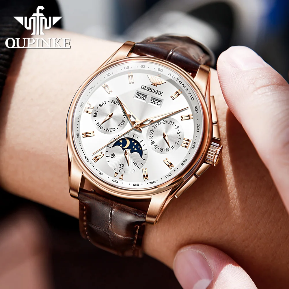 OUPINKE Luxury Brand Men\'s Watches Multifunctional Moon Phase Fully Automatic Mechanical Male Watch Waterproof Year Month Day
