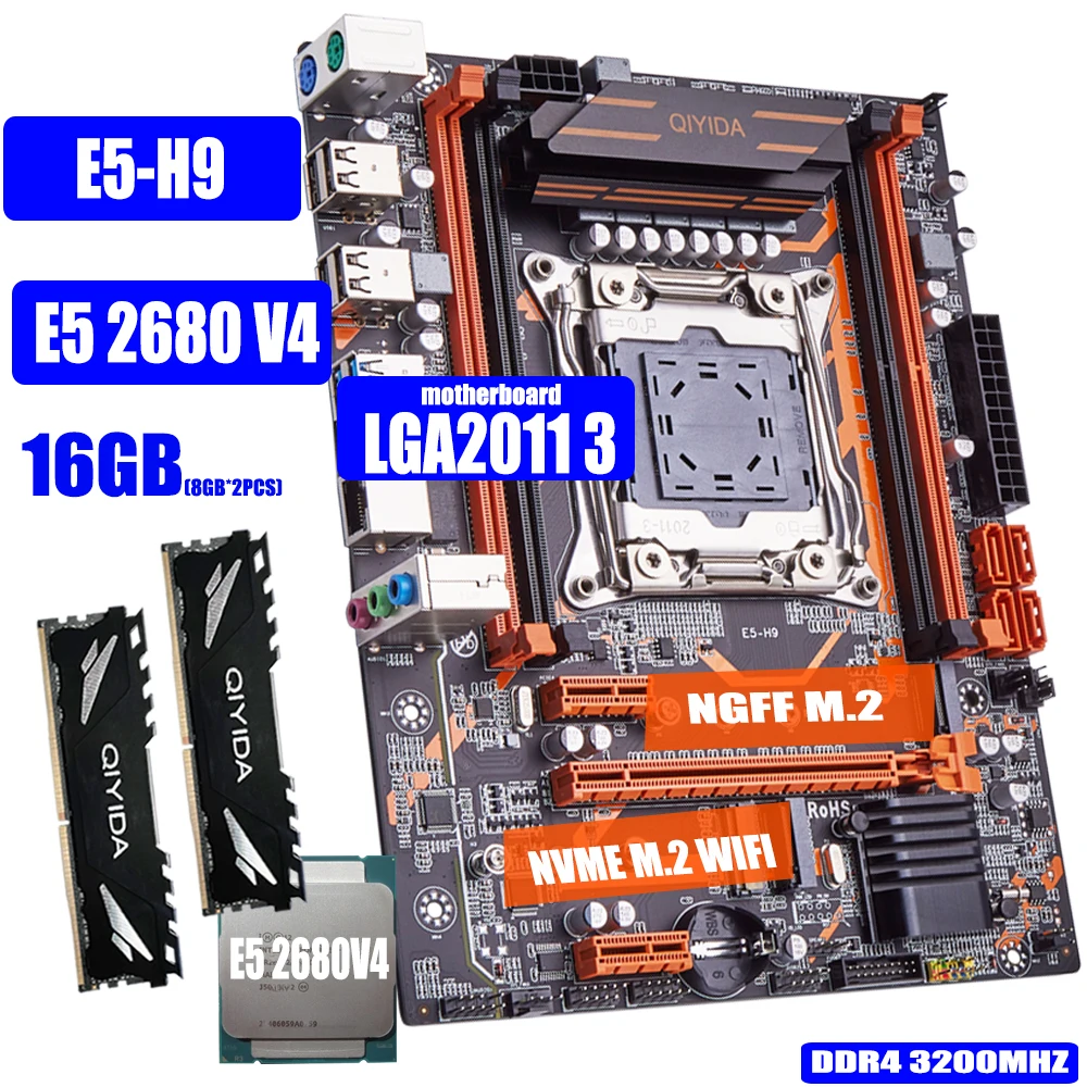 Qiyida X99 motherboard kit LGA2011-3 Xeon E5 2680V4 2*8GB DDR4 3200Mhz 4 channels NVME USB3.0 E5 H9 M-ATX