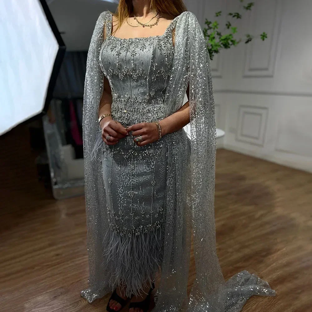 SERENE HILL Arabic Luxury Silver Beaded Mermaid With Cape Evening Dress 2025 Ankle Length Women Wedding Party Gown CLA72334