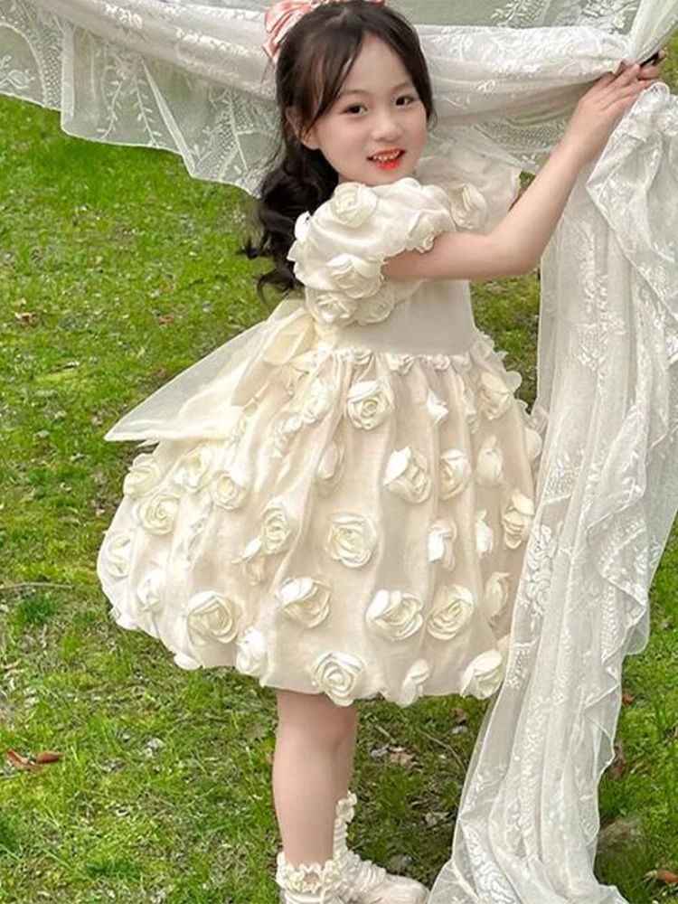 

Princess Flower Applique Tutu Dress For Girls Big Bow Tie Back Summer Children Wedding Fashion Elegant Evening Birthday Party