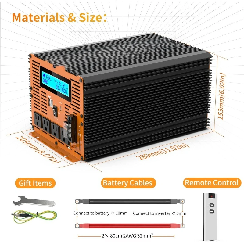 4000 Watt Pure Sine Wave Power Inverter 12V DC to 110V 120V Converter for Family RV Off Grid Solar System Car