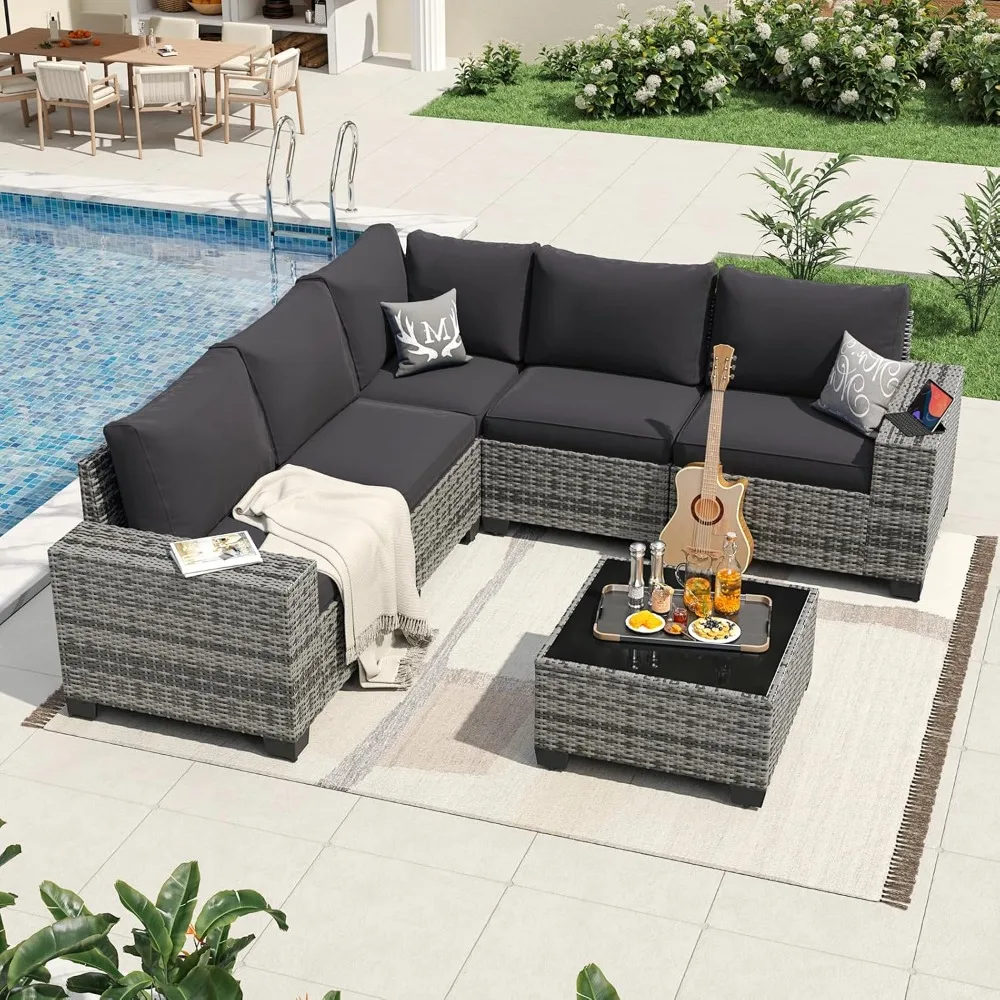 

6 Pieces Patio Furniture Set Wicker Rattan Outdoor Sectional Conversation Set with Coffee Table and 4” Thickened Cushions, Gray