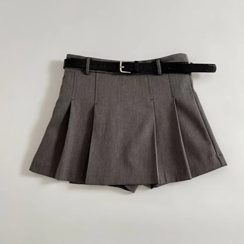 

Jenny&Dave Minimalist Elegance French Fashion Gray Pleated Skirt Spring Woman Clothing Faldas Skirts Cuteore Bermuda With Belt