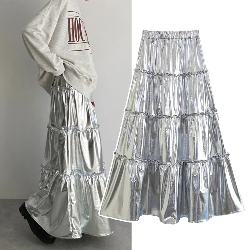 

Women's Cake Skirt Silver Tiered Metallic Pleated Flowy A-Line Midi Skirt for Travel Party High Waist Y2K Long Dress